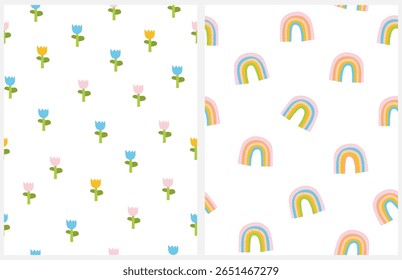 Padrão De Vetor Sem Costura Bonito Com Tulipa Colorida E Arcos-Íris.Mão Desenhado Impressão Irregular Com Flores Rosa, Azul E Amarelo E Arcos-Íris Pequenos Em Um Fundo Branco. Design sem fim de estilo infantil.RGB