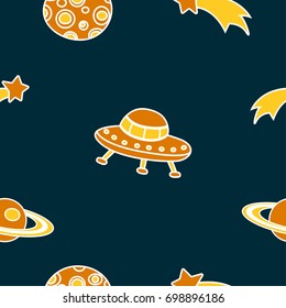 Cute seamless vector pattern with comets, stars, planets,moon and rockets. Kids colorful wallpapers, hand drawn funny background.