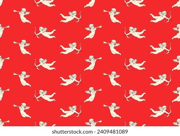 Cute seamless vector pattern with Cupid angels. Valentines Day Background. Love symbol for 14 February Design for wrapping paper, banner, poster or print.