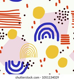 Cute Seamless Vector Pattern With Different Elements. Fun Abstract Texture With Abstract Shapes. Fun Modern Geometry Background.