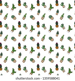 Cute seamless vector pattern with different types of cactuses. Perfect for fabric or wallpapers. Pots with geometric ornament. Cute summer illustration.