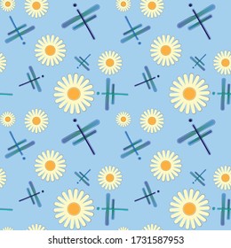 Cute seamless vector pattern with dragonflies and daisies on sky blue field. Insects with iridescent gradient wings flying among blooming white camomiles. Sweet illustration, perfect for kids textile.