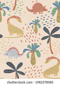 Cute Seamless Vector Pattern with Dreamy Dinosaurs, Spots and Coco Palms Isolated on a Cream Background. Simple Nursery Art for Kids. Print with Funny Dino ideal for Fabric, Textile,Wrapping Paper.