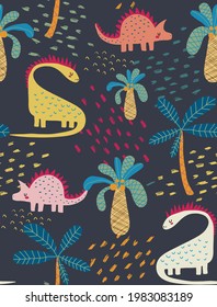 Cute Seamless Vector Pattern with Dreamy Dinosaurs, Spots and Coco Palms Isolated on a Dark Blue Background. Simple Nursery Art for Kids. Print with Funny Dino ideal for Fabric,Textile,Wrapping Paper.