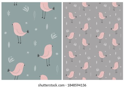 Cute Seamless Vector Pattern with Dusty Pink Abstract Birds Isoleted on a Pale Green and Brown Background. Simple Repeatable Nursery Print ideal for Wrapping Paper, Fabric, Textile. Nursery Fabric.