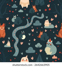 Cute seamless vector pattern with fantasy animals and whimsical forest elements. Perfect for kids’ products, wrapping paper, textiles, and nursery decor.