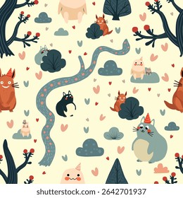Cute seamless vector pattern with fantasy animals and whimsical forest elements. Perfect for kids’ products, wrapping paper, textiles, and nursery decor.