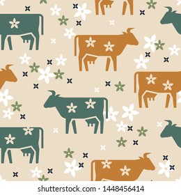 Cute seamless vector pattern of farm animals cows, flowers and other elements in various colors. It consists of icons in a flat style.
