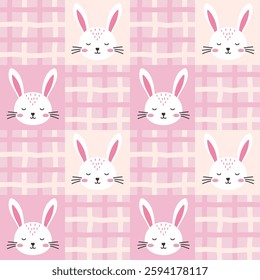 Cute Seamless vector pattern featuring adorable bunnies, rabbits, hares and checkered patterns in pastel pink and white, ideal for creating joyful spring holiday designs