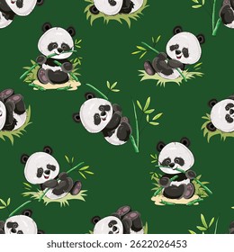 "Cute seamless vector pattern featuring playful pandas in various poses. Perfect for kids’ designs, textiles, wallpapers, wrapping paper, and digital backgrounds.