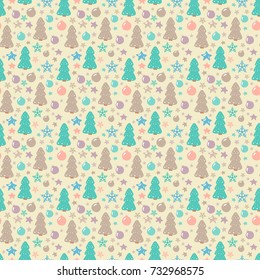 Cute seamless vector pattern with fir tree, christmas ball, snowflake, star. Cartoon colored background for xmas and new year design. Pastel colors. 