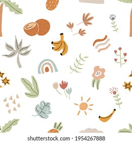 Cute seamless vector pattern with flowers, fruits, bananas and coconuts. Infantile style nursery Art with tropical elements perfect for Fabric, Textile. Hand drawn modern illustration in boho colors