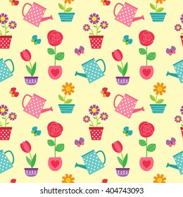 Cute seamless vector pattern with flowers in pots and watering cans