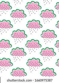 Cute Seamless Vector Pattern with Fluffy Watermelon Cloud Isolated on a White Background. Lovely Nursery Art with Funny Clouds Ideal for Fabric, Textile, Baby Shower Decoration. 