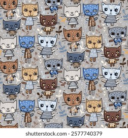 Cute seamless vector pattern with fun hand drawn stylized cats in blue, brown and grey colors for fabric and paper designs for kids and babies