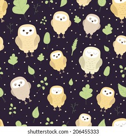 Cute seamless vector pattern. Funny owls and leaves on dark background. Ideal for textile, wallpaper, wrapping.