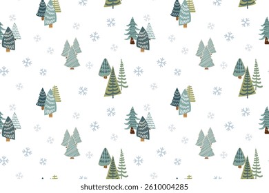 Cute seamless vector pattern green Christmas trees blue snowflakes Simple retro style Design Ideal for textile wallpaper Fabric Prints or Wrapping Paper Winter holiday mood Evergreen fir trees