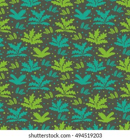 Cute seamless vector pattern with green background made of tropical leaves and plants. Perfect for cards, scrap-booking, invitations, package, wallpapers, web page backgrounds and textile industry