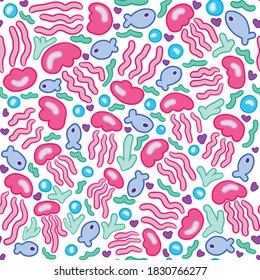 Cute seamless vector pattern with hand drawn sea life - jellyfishes and fishes in pastel colors in cartoon style