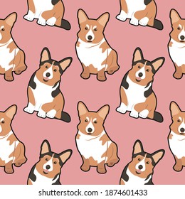 cute seamless vector pattern with hand drawn  different corgi dogs on pink background. pattern for printing on fabric, clothing, wrapping paper, background for websites and applications