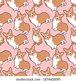 cute seamless vector pattern with hand drawn  different corgi dogs on pink background. pattern for printing on fabric, clothing, wrapping paper, background for websites and applications