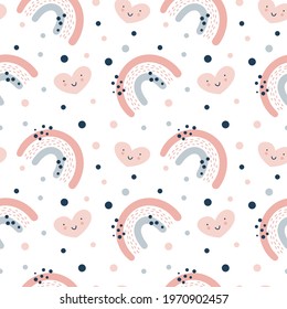Cute seamless vector pattern with hand drawn scandinavian rainbows and polka dot elements with hearts. Background illustration for design baby and kids products.