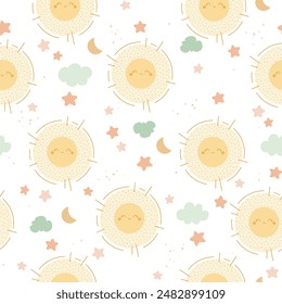 Cute seamless vector pattern with hand drawn sun, cloud, moon and star. Fun doodle background for kids room decor, nursery art, wrapping paper, textile, wallpaper, gift, fabric, packaging, apparel.