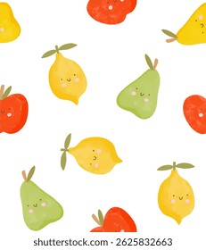 Cute Seamless Vector Pattern With Hand Drawn Happy Lemon, Pear And Apple On A White Background. Lovely Endless Fruit Print. Bright Simple Wallpaper With Smiling Kawaii Fruits. RGB Colors.