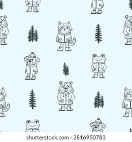 Cute seamless vector pattern with hand drawn winter woodland animals and pine trees. Cozy forest repeat featuring cat, bear, frog and dog, perfect for fabric, wrapping paper and nursery designs.