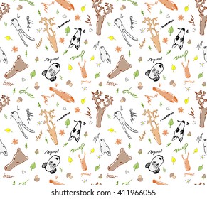 Cute seamless vector pattern with hand drawn forest animals. Perfect  for textile or background for site. Fox, rabbit, elk, bear, panda, wolf, deer, raccoon, squirrel.