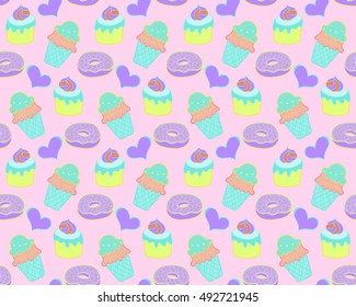 Cute seamless vector pattern with hand drawn sweets and hearts.