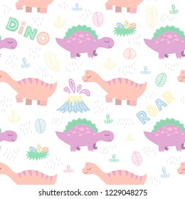 Cute seamless vector pattern with hand-drawn dino. Colorful background for textile, fabric