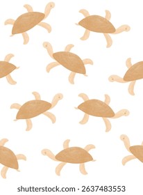 Cute Seamless Vector Pattern With Happpy Turtles Swimming In The Sea. Happy Brown Turtles Isolated On A White Background. Funny Hand Drawn Turtles Wallpaper. Gender Neutral Colors. RGB.