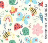 Cute seamless vector pattern with happy bugs, bees, butterflies, snails and rainbows playing with flowers. Cartoon baby bugs having fun dancing and singing