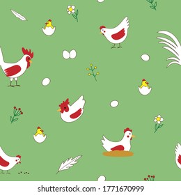 Cute seamless vector pattern with happy farm animals on meadow. Hand drawn poultry - hens, rooster and chickens on green background. Cartoon birds vector illustration for kids textile, scrapbooking