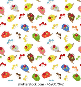 Cute seamless vector pattern with hedgehog, mushroom and apple