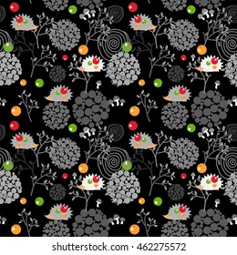 Cute seamless vector pattern with hedgehog, mushroom and apple 