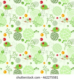 Cute seamless vector pattern with hedgehog, mushroom and apple 