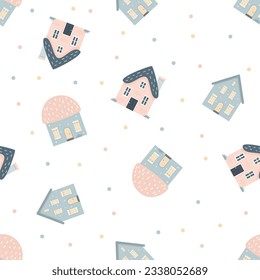 Cute seamless vector pattern. Houses in pastel blue and pink colors. Pattern on white background 