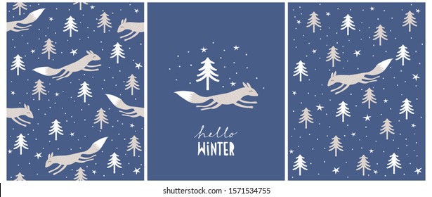 Cute Seamless Vector Pattern and Illustration with Gray Fox on a Dark Blue Background. Funny Fox Among Trees. Simple Winter Forest Art for Wall Art, Poster, Card, Greeting, Fabric, Textile,Invitation.