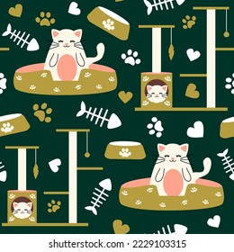 Cute seamless vector pattern illustration with cat, scratching post, hearts, paw prints and fish bones on dark green background