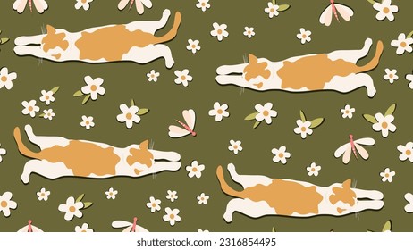 Cute seamless vector pattern illustration with cartoon character cats in the meadow with white daisy flowers on green background