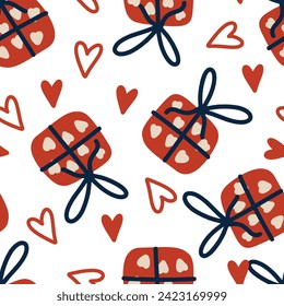 Ilustración de patrones vectoriales sin fisuras con cajas de regalo románticas y corazones rojos