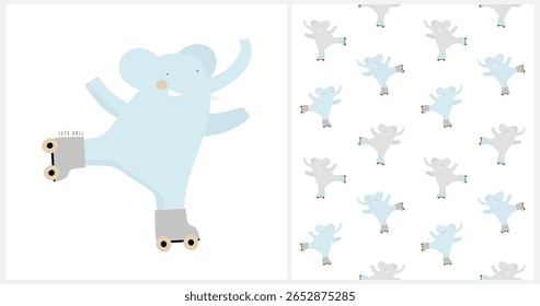 Cute Seamless Vector Pattern And Illustration With Happy Gray And Blue Elephant On Rolls. Let's Roll. Happy Baby Elephant On A White Background. Nursery Art For Boys. RGB Colors.