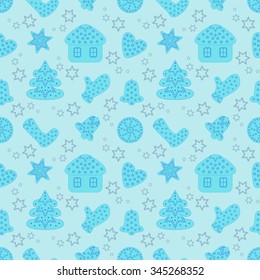 Cute seamless vector pattern illustration. Christmas and Happy New Year decoration symbol concept. Many repeating decorated ice silhouettes on the blue background