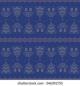 Cute seamless vector pattern illustration. Christmas and Happy New Year decoration symbol concept. Many repeating decorated silhouettes on the green background