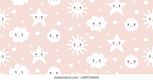 Cute Seamless Vector Pattern. Irregular Hand Drawn Simple Doodle Print with Smiling Stars, Sun, Cloud and Moon Isolated on a Light Pink Background. RGB Color. Nursery Print for Fabric, Textile.