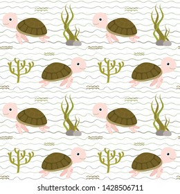 Cute seamless vector pattern with kawaii turtle character in flat style for kids summer clothing and design