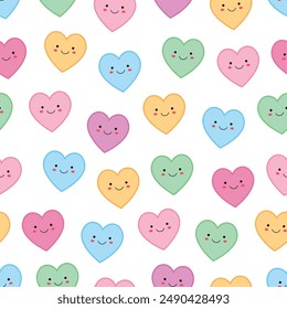 Cute seamless vector pattern with kawaii hearts