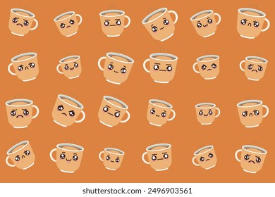 Cute seamless vector Pattern in Kawaii Style With a Cup of Espresso. Lovely Repeatable Print of a Smiling Coffee Cup. Ideal for Wrapping, Paper, Fabric, Textiles, Vector Illustration.